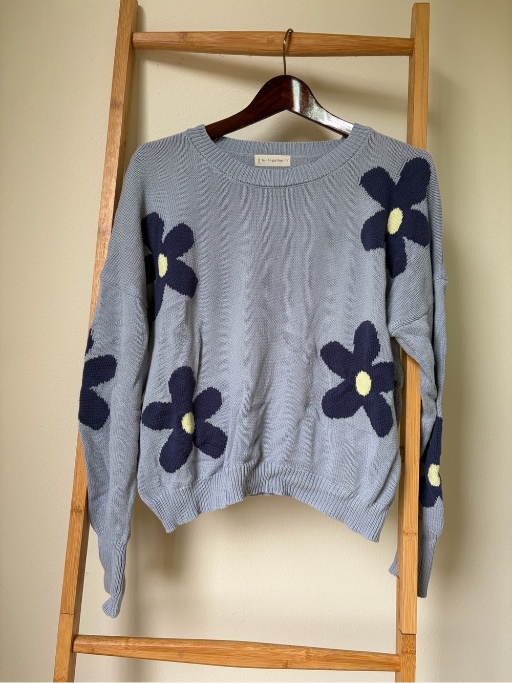 By Together Pale Blue Crewneck Sweater with Navy Floral Accents